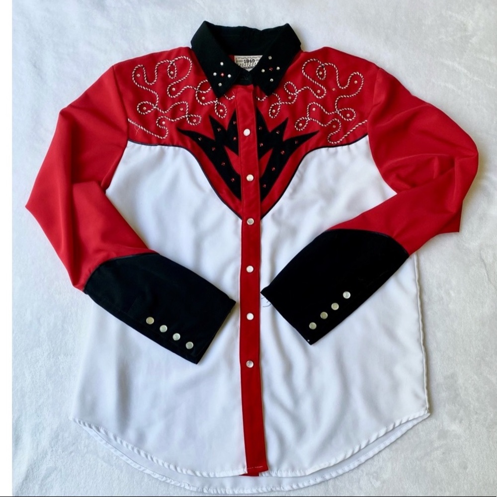 Vintage Rodeo western wear with rhinestones, piping, button up shirt and cuffs